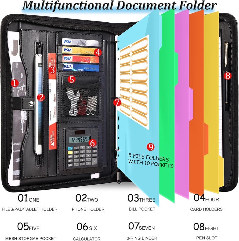Eshow Portfolio Organizer - 3 Ring Binder with Zipper, Vegan Leather Business Padfolio Folder with Notepad Includes 5 Colorful Sheet Protectors for Documents Files for Women - Image 2